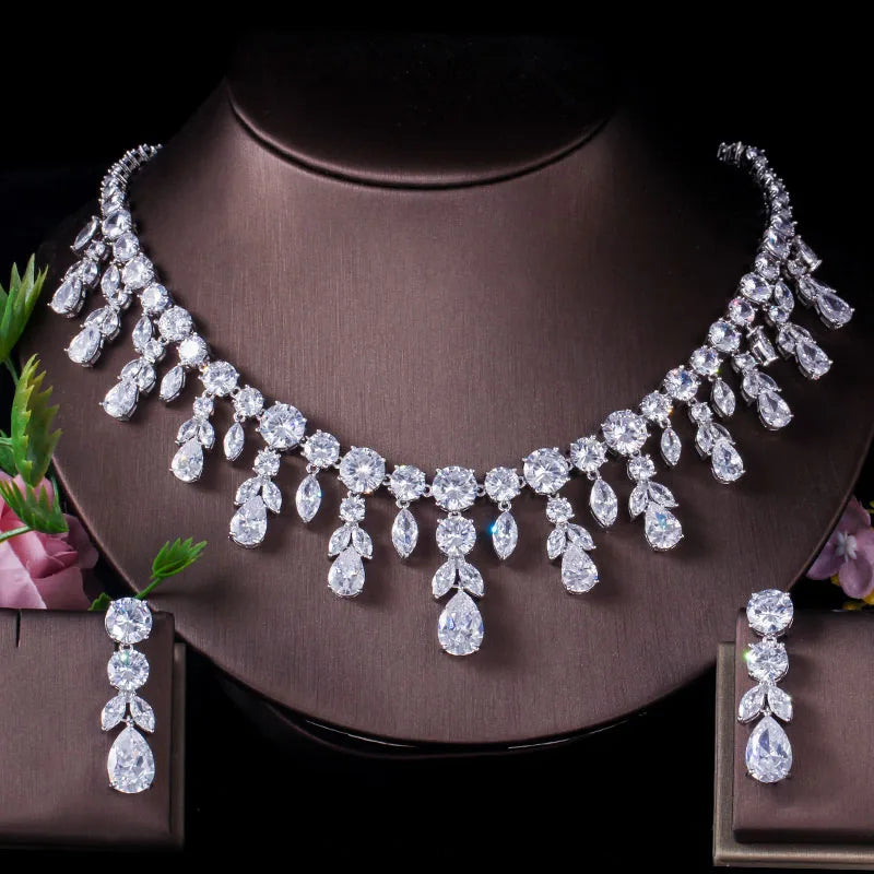 ThreeGraces Luxury Green CZ Stone Earrings Necklace Set Brilliant Big Long Drop Wedding Bridal Dress Jewelry Set for Women JS256 - Hiron Store