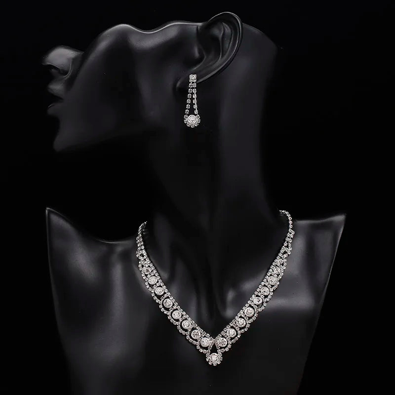 Silver Colour Rhinestone Crystal Bridal Jewellery Sets Necklace Earrings Bracelet Set