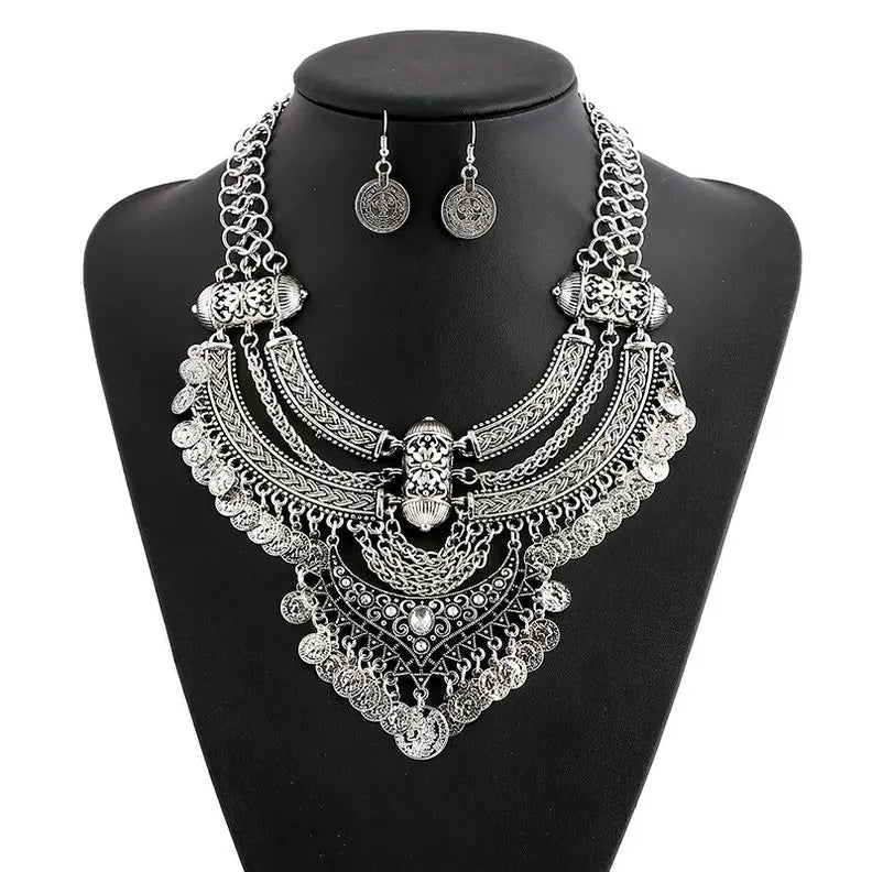 Fashion Choker Collar Jewelry Sets For Women Coin Tassel Ethnic Gypsy Bohemian Statement Collier Necklaces Drop Dangle Earrings - Hiron Store