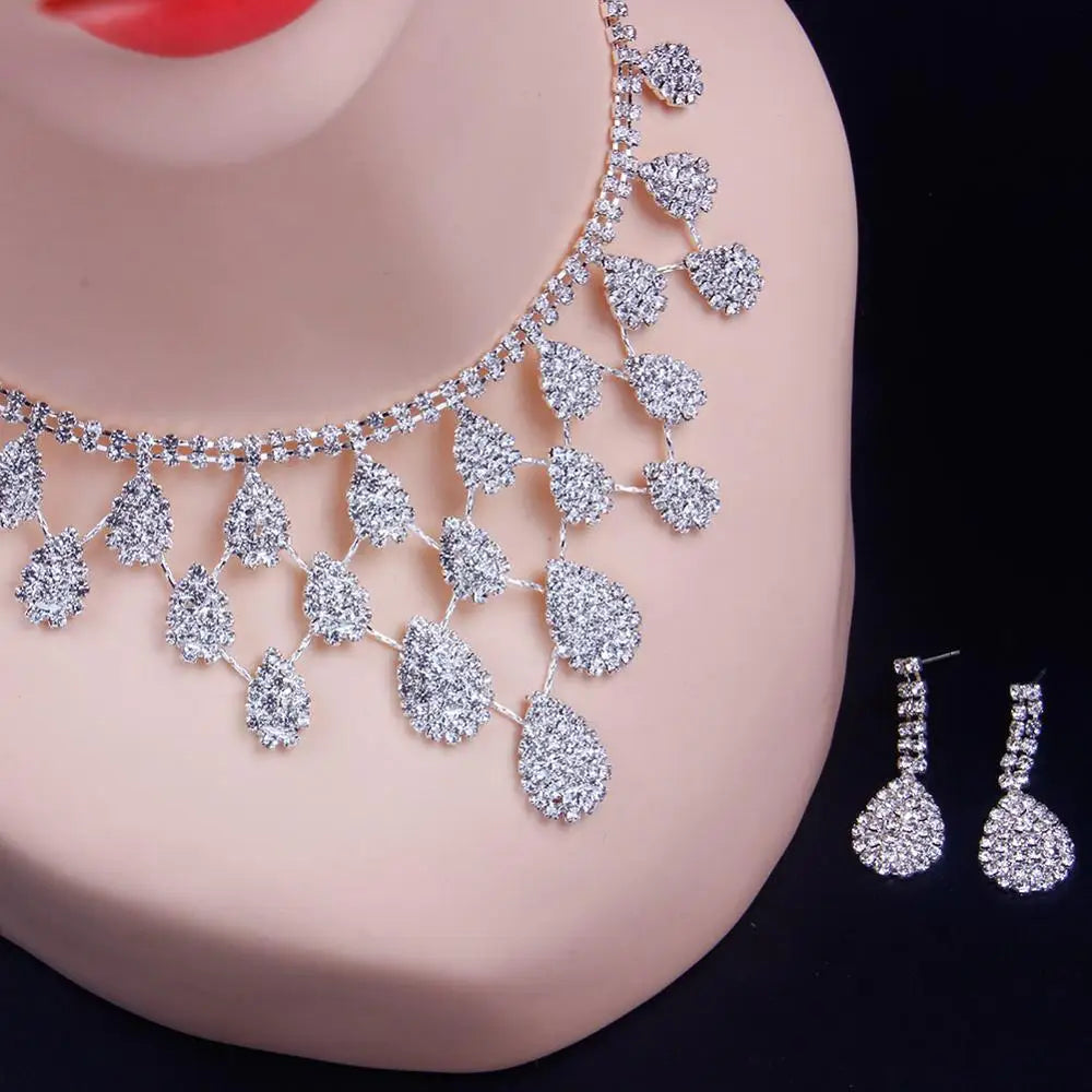 StoneFans Vintage Bridal Wedding Party Jewelry Set Rhinestone Waterdrop Pendant Necklace Earrings Set for Women Africa Jewelry - Hiron Store