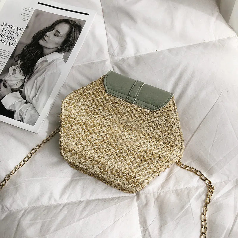 Hexagon Mulit Style Straw+leather Handbag Women Summer Rattan Bag Handmade Woven Beach Circle Bohemia Shoulder Bag - Hiron Store