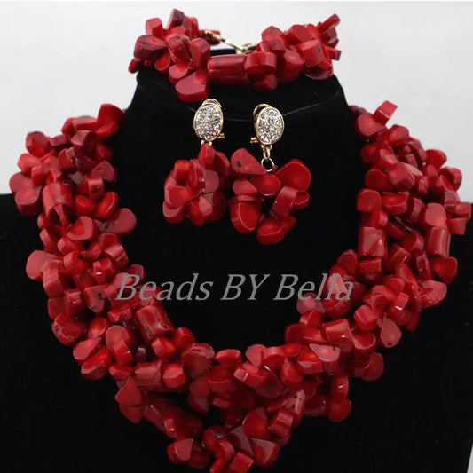 Nigerian Wedding Beads Choker Necklace Red African Coral Beads Bridal Jewelry Sets