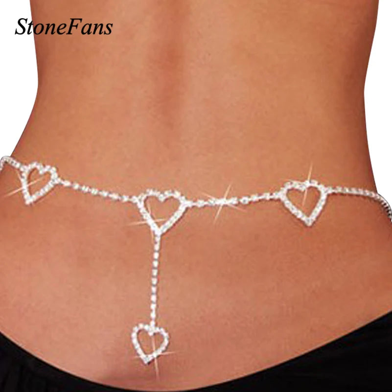 Women Mini Heart Belt Wedding Fashion Love Waist Chain Night Club Disco Female Long Crystal Dress Rhinestone Belts Body Jewelry - Hiron Store