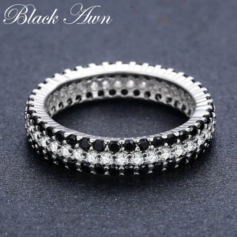 Classic Silver Color Jewelry Bague Round Black Spinel Engagement Rings