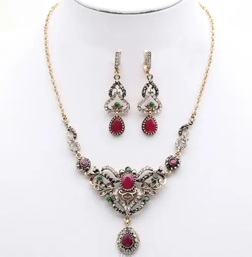 Indian Jewelry Sets Women Drop Earrings Necklace Bohemia Flower Wedding Jewelry Retro Gold Color Turks Jewels - Hiron Store