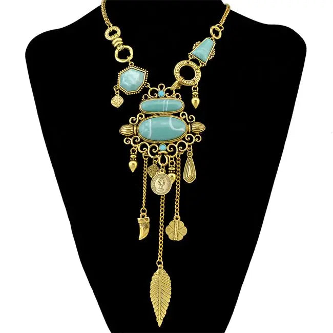 Bohemian Collier Femme Tassel Maxi Coin Neck Chain Turkish Green Stone Pendant Women Bib Collar Statement Necklac Gypsy Jewelry - Hiron Store