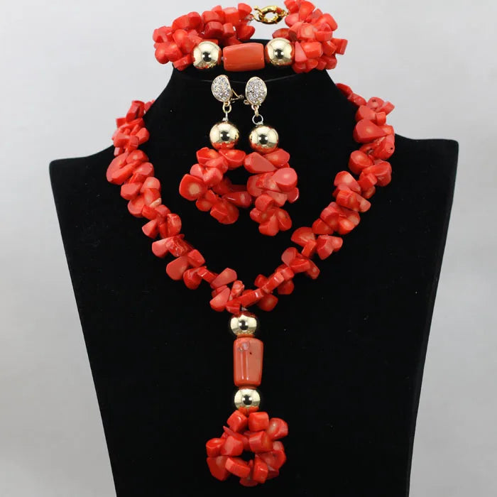 Nigerian Wedding Beads Choker Necklace Red African Coral Beads Bridal Jewelry Sets