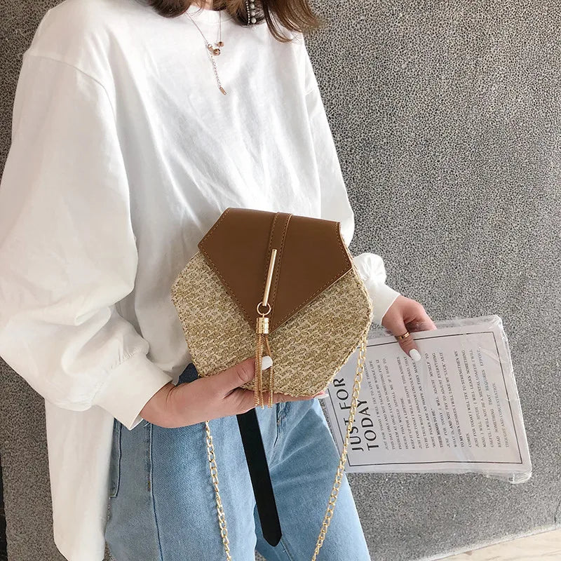 Hexagon Mulit Style Straw+leather Handbag Women Summer Rattan Bag Handmade Woven Beach Circle Bohemia Shoulder Bag - Hiron Store