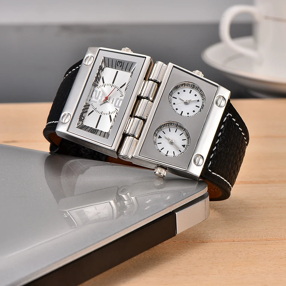 Two Screen Watch Dual Display Watches Men Watch Fold Big Size Clock Leather Quartz Watc