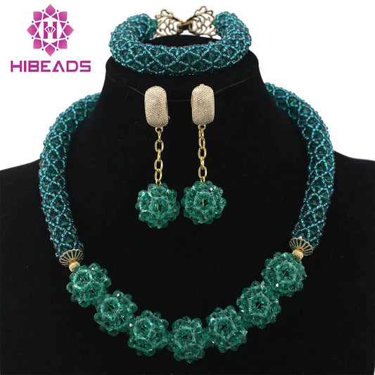 Teal Green Wedding African Beads Jewelry Set Chunky Necklace Ball Chain Earrings Beads Set