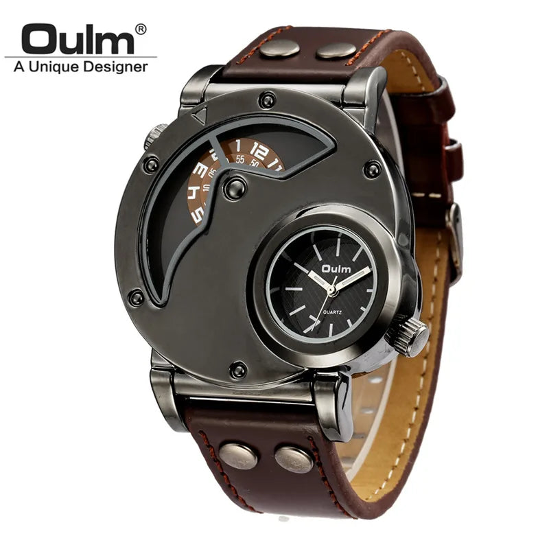 Oulm Designer Brand Luxury Watches For Men Dual Time Quartz Watch Casual Man Leather Watch