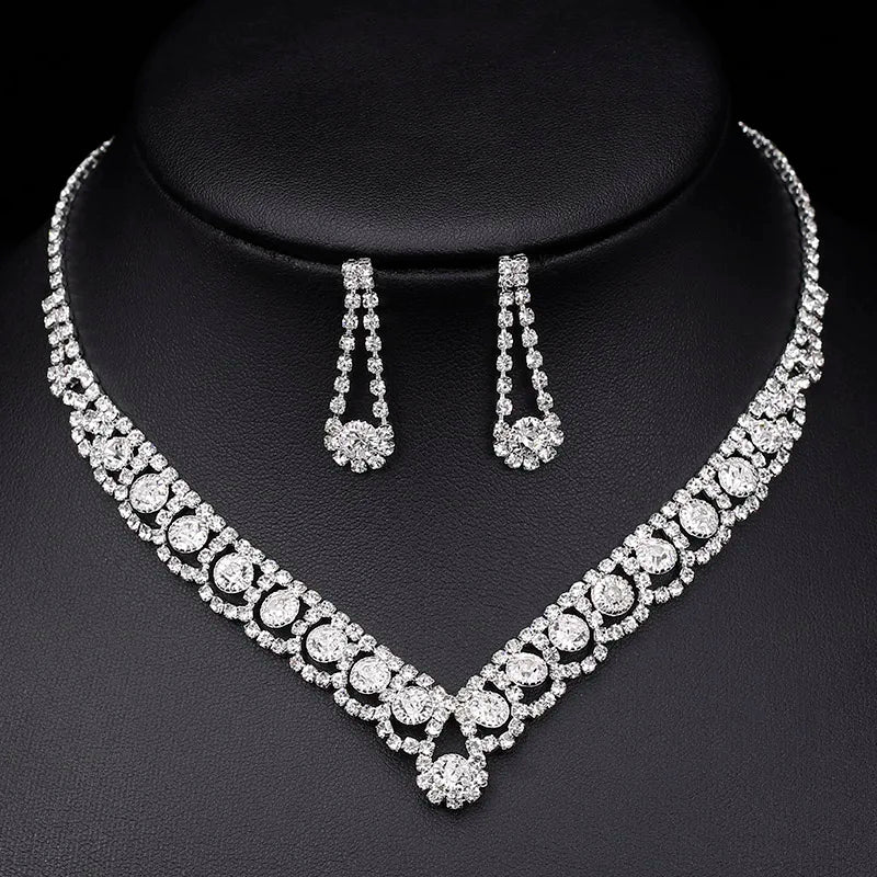 Silver Colour Rhinestone Crystal Bridal Jewellery Sets Necklace Earrings Bracelet Set