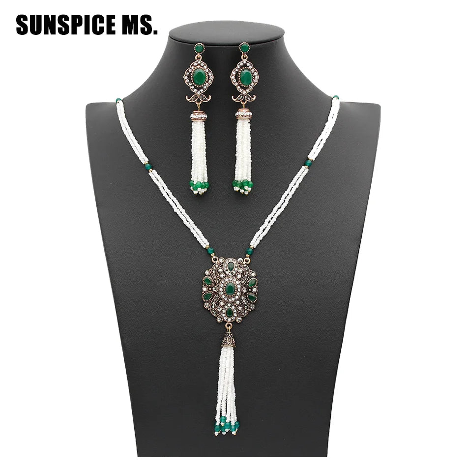 Sunspicems Elegant Turkish Women Bead Jewelry Sets Long Bead Chain Necklace Tassels Earrings Antique Gold Color Arabic Jewelry - Hiron Store