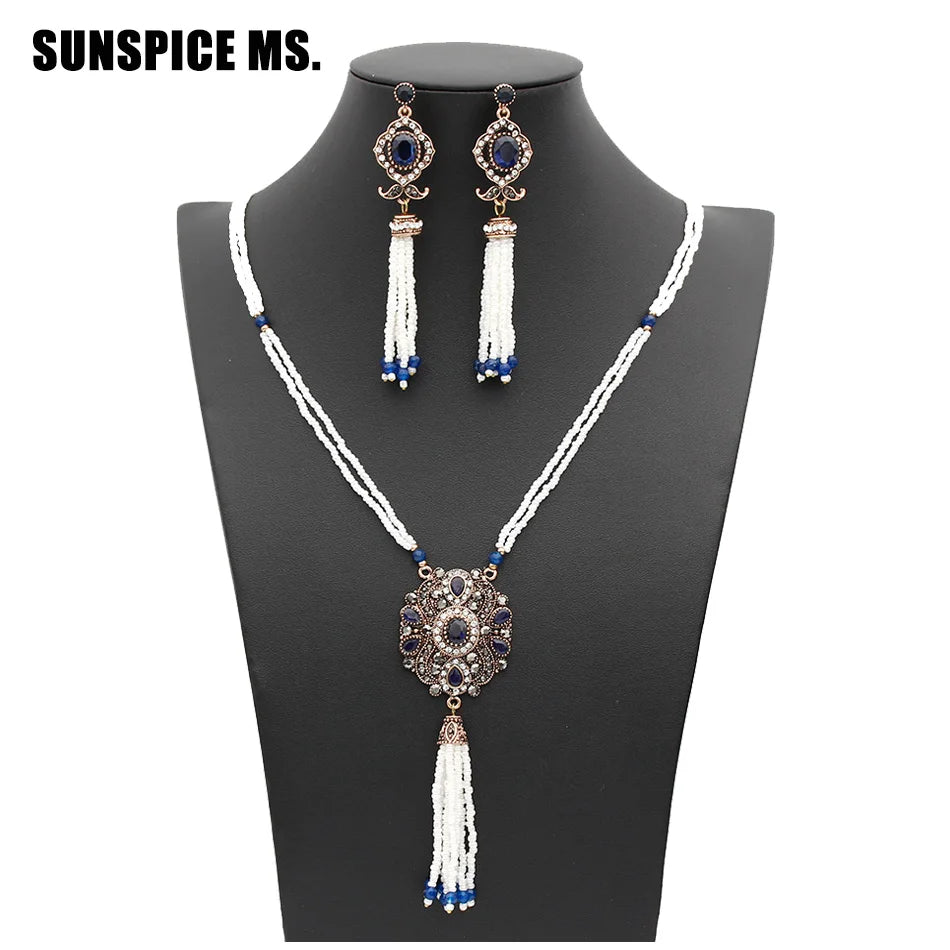 Sunspicems Elegant Turkish Women Bead Jewelry Sets Long Bead Chain Necklace Tassels Earrings Antique Gold Color Arabic Jewelry - Hiron Store