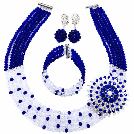 Amazing! Royal Blue Transparent Crystal Beaded Nigerian Wedding African Beads Jewelry Set for Women Girls 5L-ZJ009 - Hiron Store