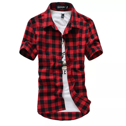 Red And Black Plaid Shirt Men Shirts 2024 New Summer Fashion Chemise Homme Mens Checkered Shirts Short Sleeve Shirt Men Blouse - Hiron Store