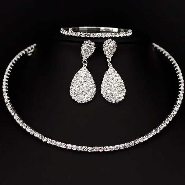 Rhinestone Crystal Choker Necklace Earrings and Bracelet Wedding Jewellery Sets