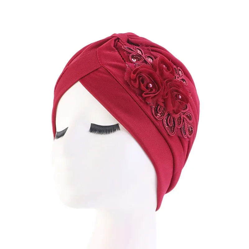 New Flower Decoration Turban, Solid Color Women's Head Wrap, Fashion Headwear, Bandana Cap
