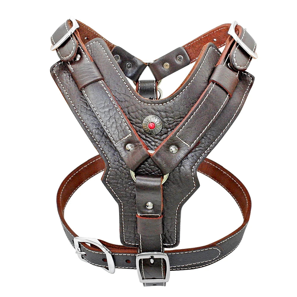 Durable Dog Harness Large Dogs Genuine Leather Harnesses Pet Training Vest With Quick Control Handle For Labrador Pitbull