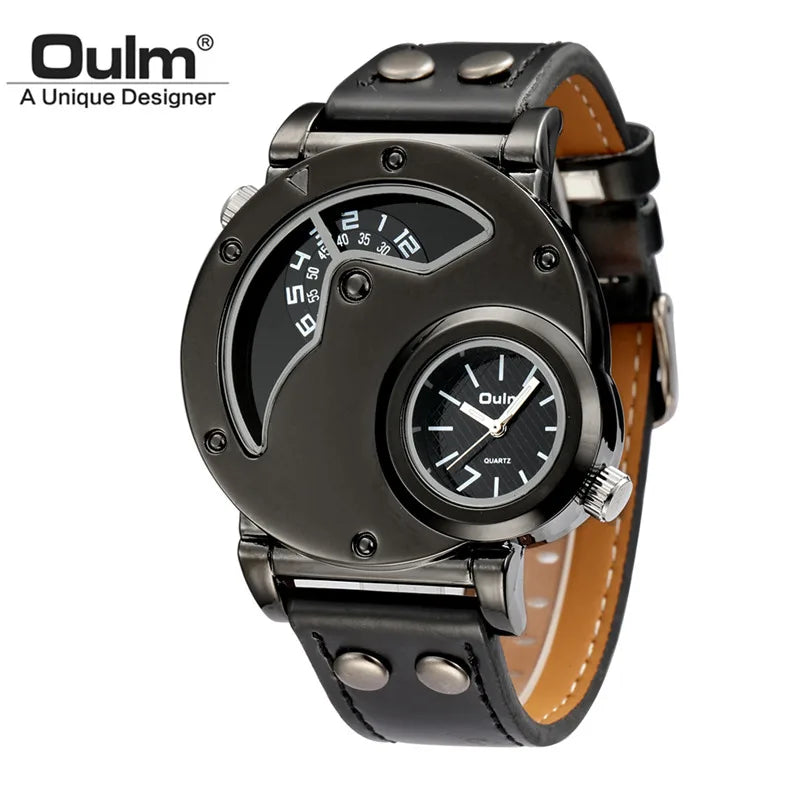 Oulm Designer Brand Luxury Watches For Men Dual Time Quartz Watch Casual Man Leather Watch