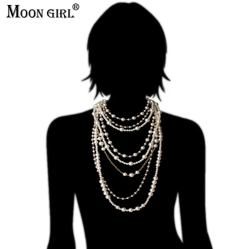 New MOON GIRL Multi-layer Simulated Pearls Chain Long Necklace Trendy Statement Choker Necklace for women Fashion Jewelry - Hiron Store