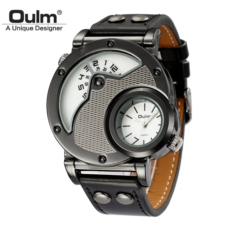 Oulm Designer Brand Luxury Watches For Men Dual Time Quartz Watch Casual Man Leather Watch