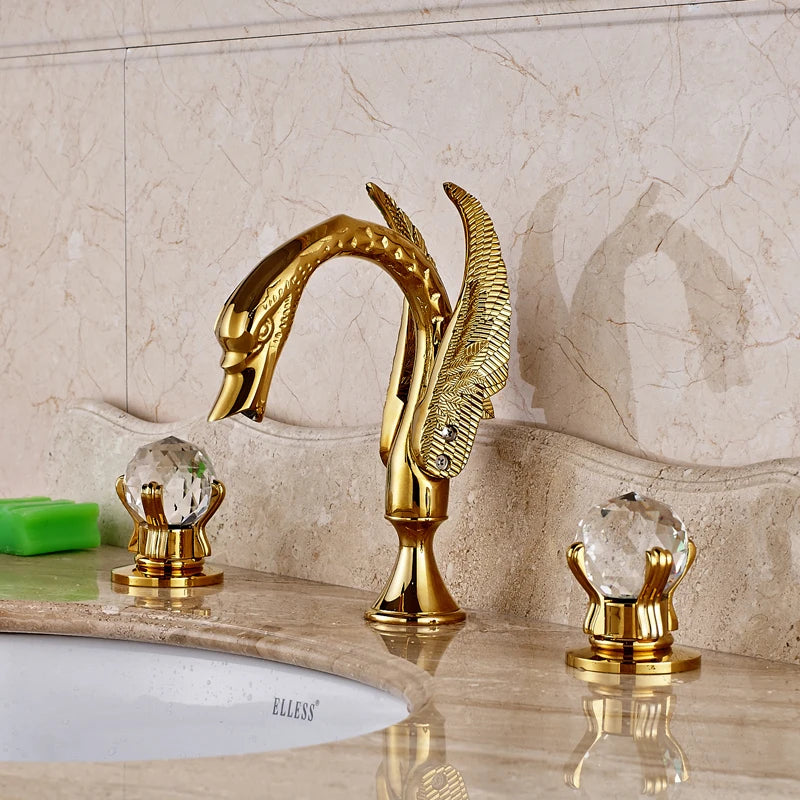 Swan Basin Faucet Golden Deck Mounted 3 Holes Widespread Bathroom Vessel Sink Mixer Tap Dual Crystal Handles Cold Hot Mixer Tap