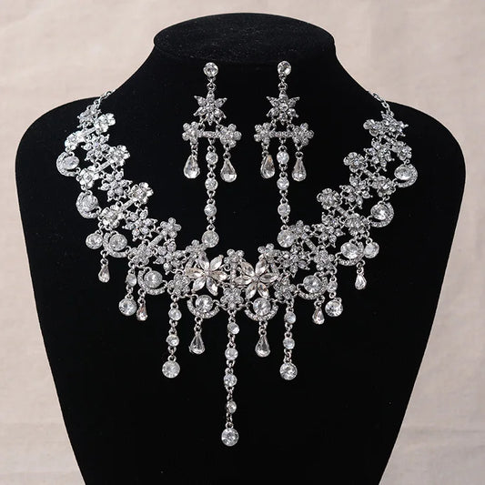 Silver Color Crystal Flowers Bridal Jewelry Set For Women Statement Necklace Earring