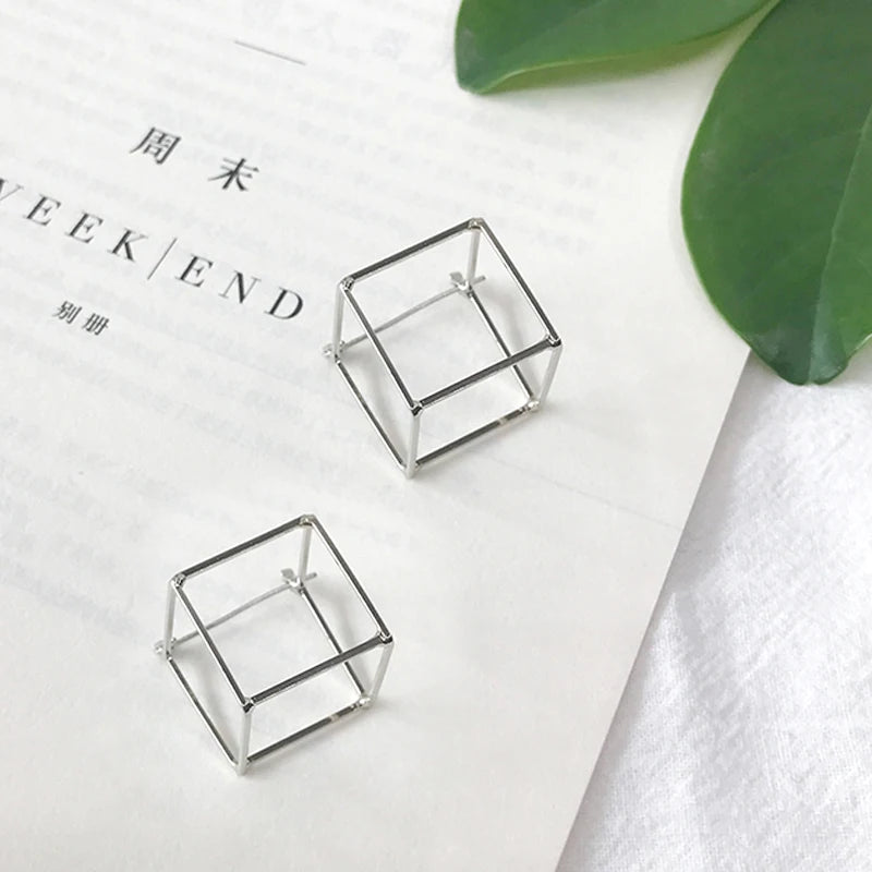 Minimalist Brief Style Copper 3D Cube Stud Earrings