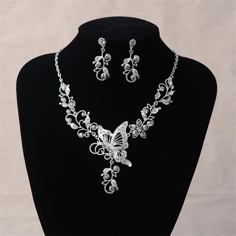 Wedding Bride Rhinestone Jewellery Set Silver Plated Butterfly Choker Necklace Earrings Sets