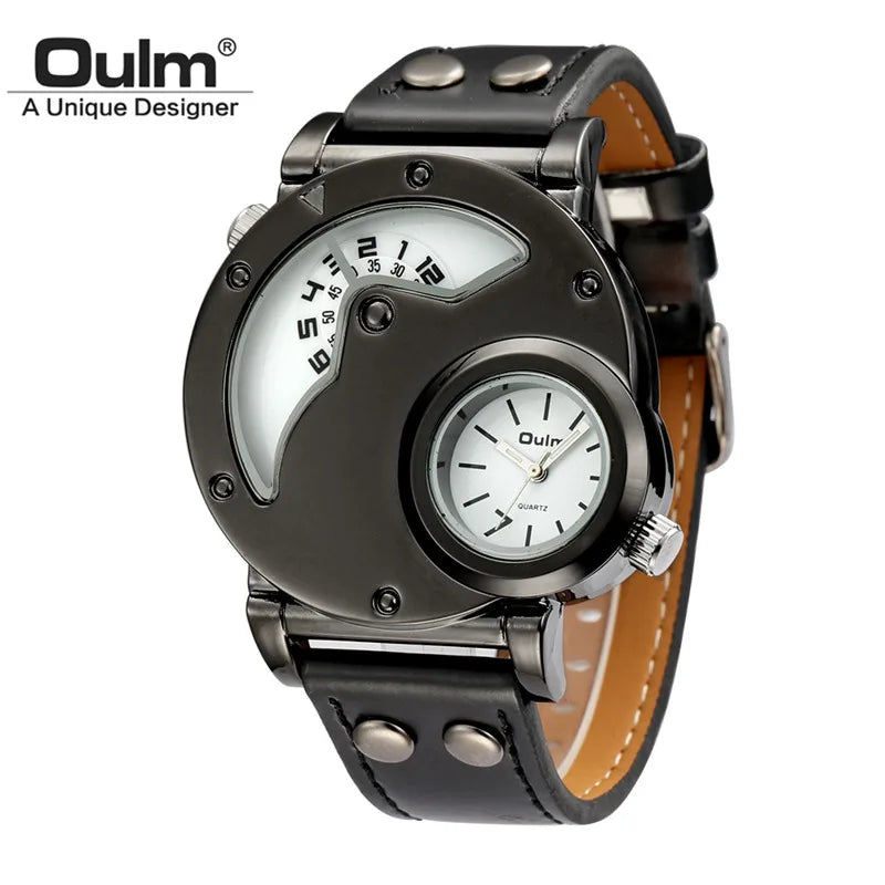 Oulm Designer Brand Luxury Watches For Men Dual Time Quartz Watch Casual Man Leather Watch