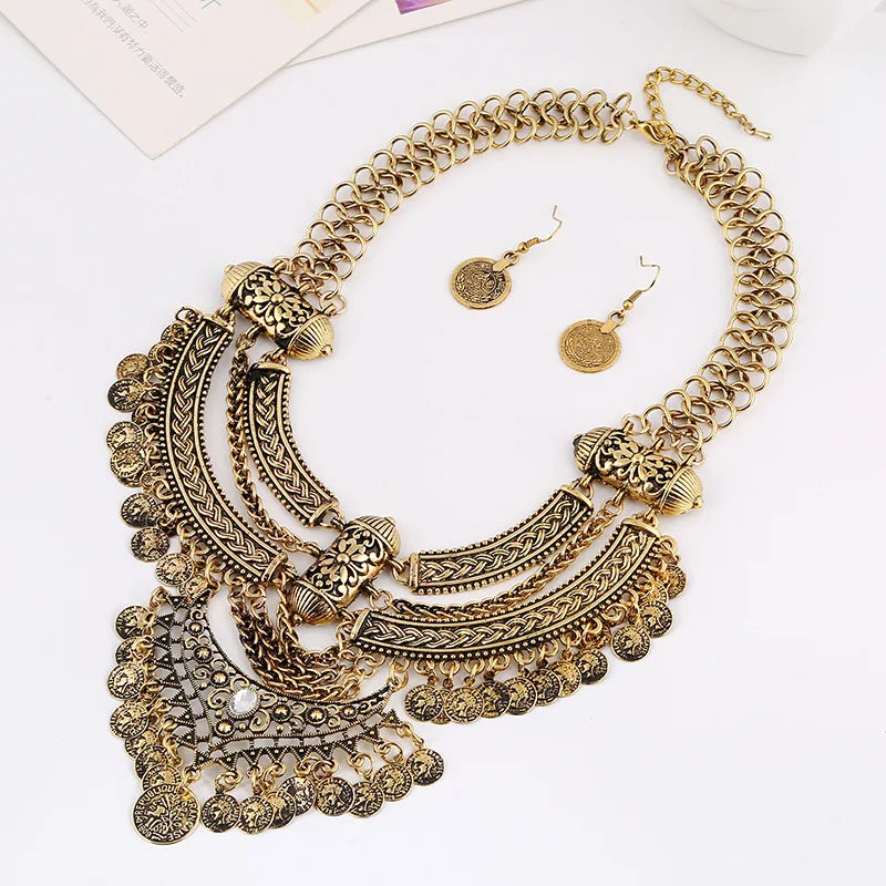 Fashion Choker Collar Jewelry Sets For Women Coin Tassel Ethnic Gypsy Bohemian Statement Collier Necklaces Drop Dangle Earrings - Hiron Store