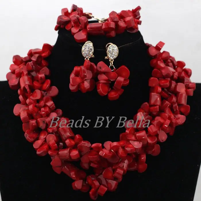 Nigerian Wedding Beads Choker Necklace Red African Coral Beads Bridal Jewelry Sets