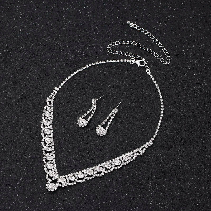 Silver Colour Rhinestone Crystal Bridal Jewellery Sets Necklace Earrings Bracelet Set