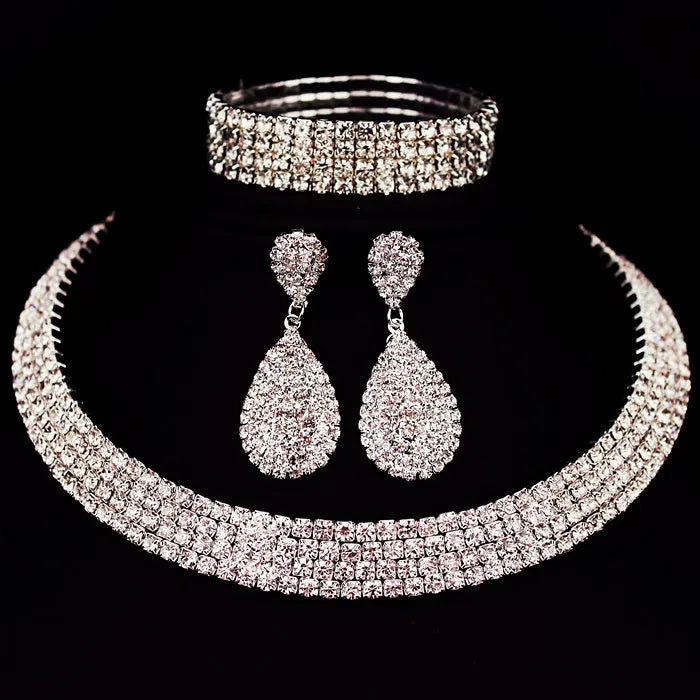 Rhinestone Crystal Choker Necklace Earrings and Bracelet Wedding Jewellery Sets