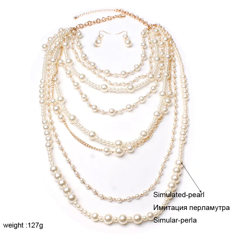 New MOON GIRL Multi-layer Simulated Pearls Chain Long Necklace Trendy Statement Choker Necklace for women Fashion Jewelry - Hiron Store