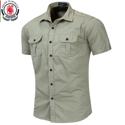 Fredd Marshall New Mens Military Shirt Men Short Sleeve Cargo Shirts 100% Cotton Casual Solid Shirt Male Pocket Work Shirt 55889 - Hiron Store