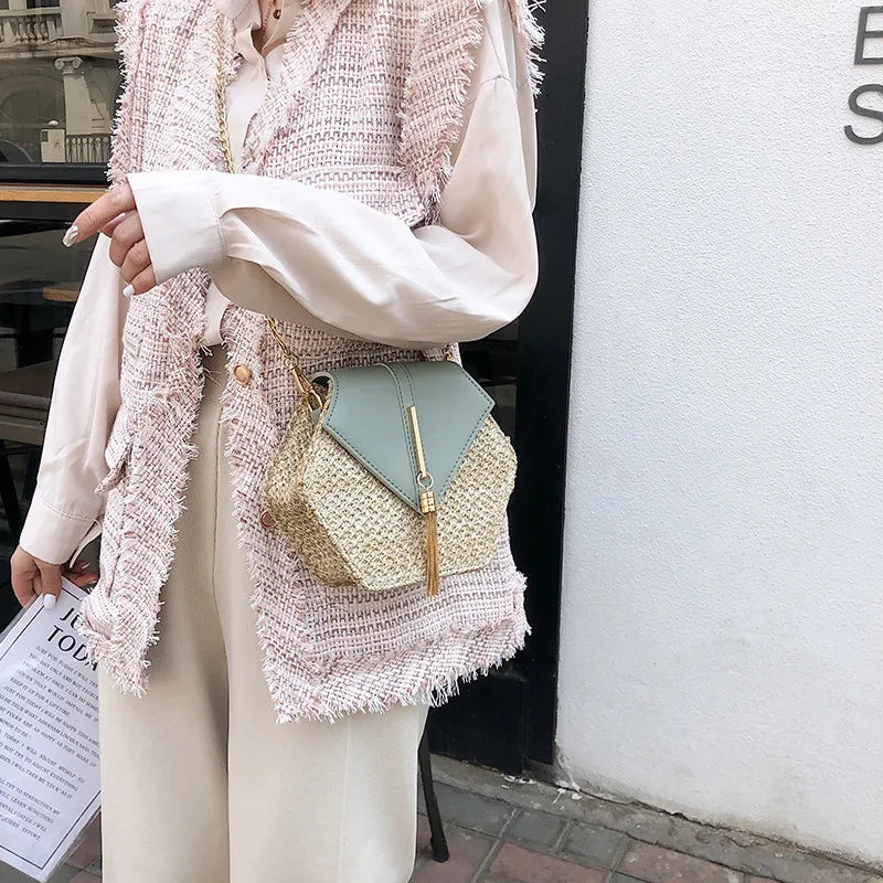 Hexagon Mulit Style Straw+leather Handbag Women Summer Rattan Bag Handmade Woven Beach Circle Bohemia Shoulder Bag - Hiron Store