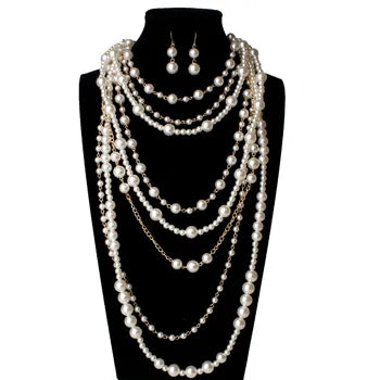 New MOON GIRL Multi-layer Simulated Pearls Chain Long Necklace Trendy Statement Choker Necklace for women Fashion Jewelry - Hiron Store