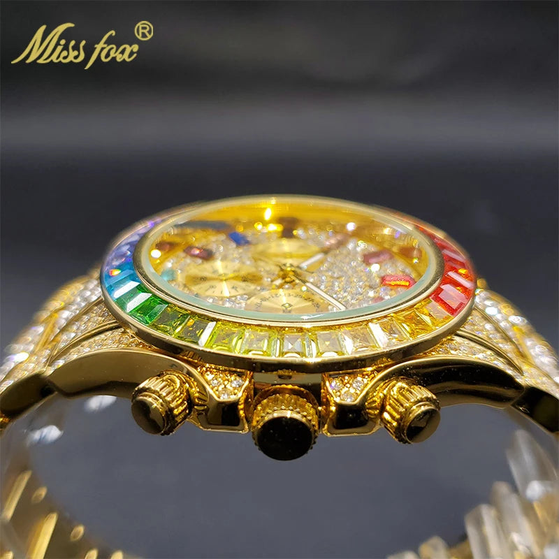 Gold Men Watch With Rainbow Diamond Dial Waterproof Watches