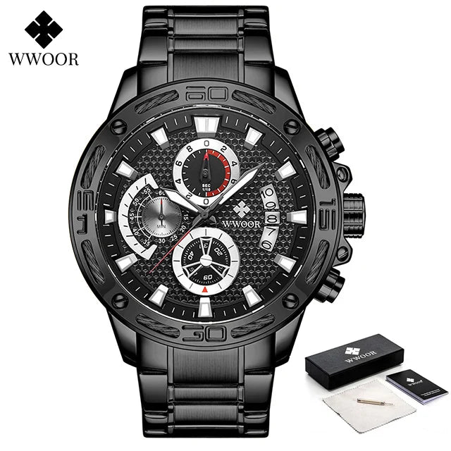 WWOOR Mens Watches Luxury Gold Stainless Steel Quartz Watch Men Waterproof