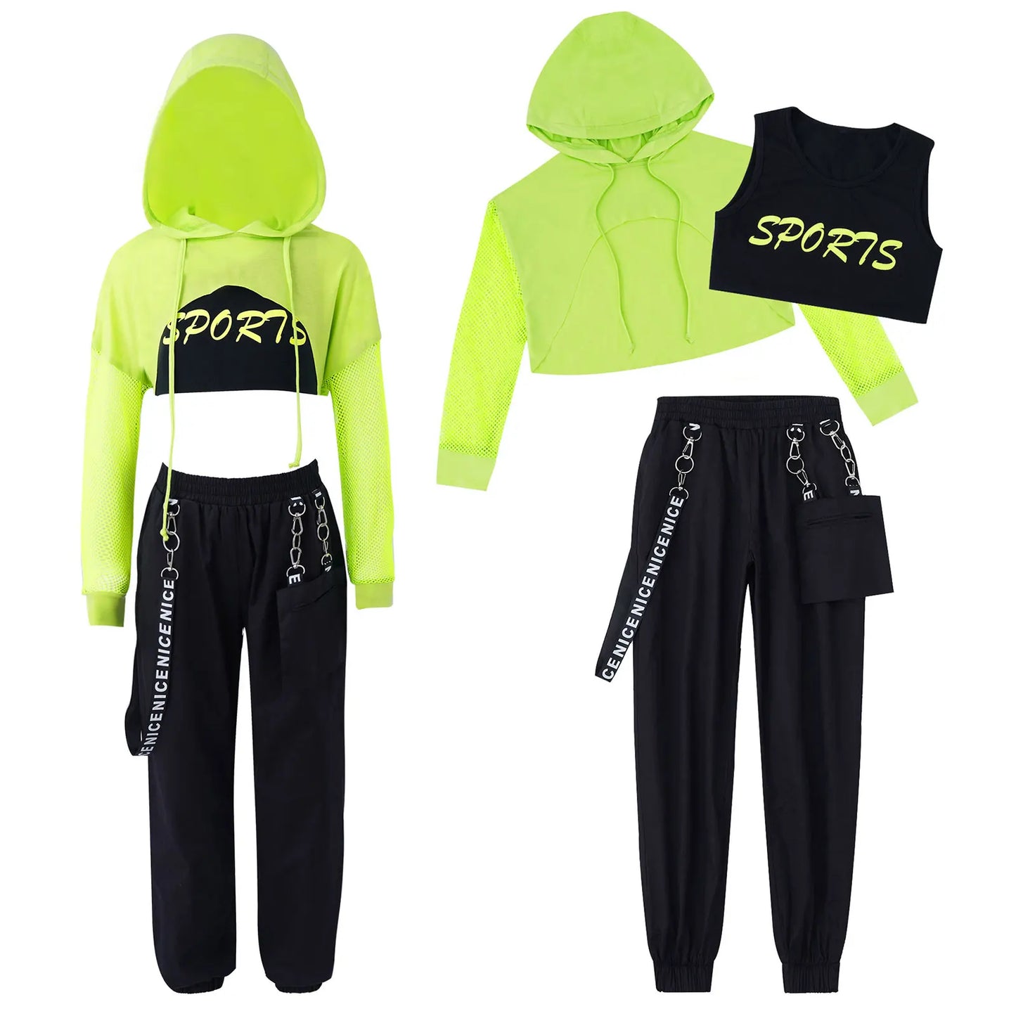 Hip Hop Girls Clothing Jazz Kids Hooded Net Cover Up Tops And Pants Sports Set