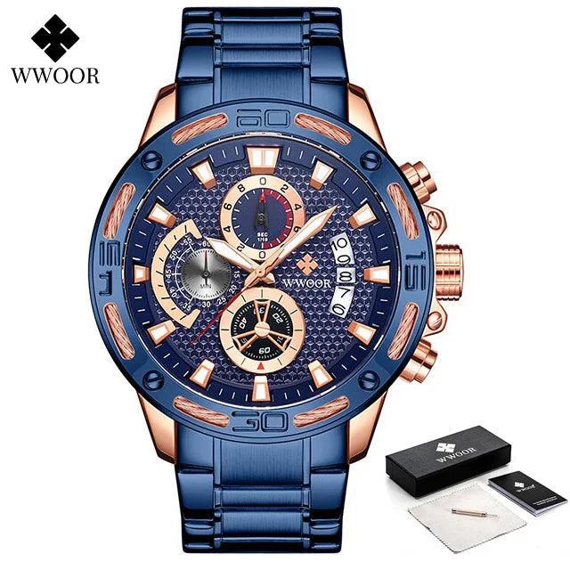 WWOOR Mens Watches Luxury Gold Stainless Steel Quartz Watch Men Waterproof