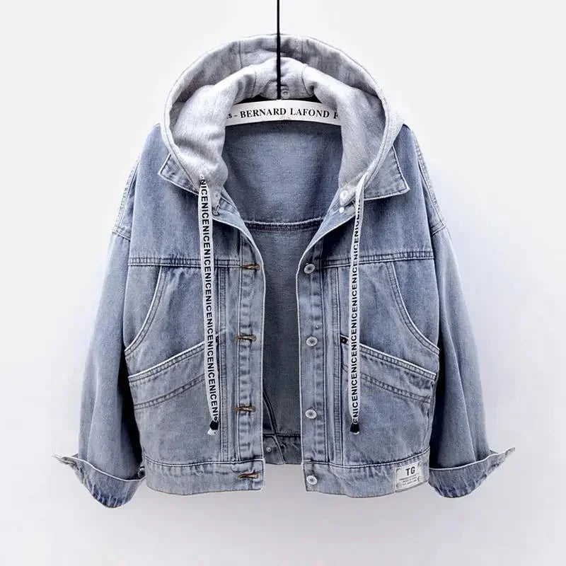 Blue Hooded Jacket Women Loose Button Patchwork Outwear Jean Coat Female