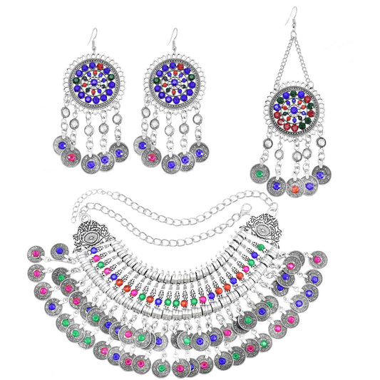 Vintage Color Rhinestone Coin Necklace Earrings for Women Ethnic Tribal Hair Clip Afghan Turkish Gypsy Statement Jewelry Sets - Hiron Store