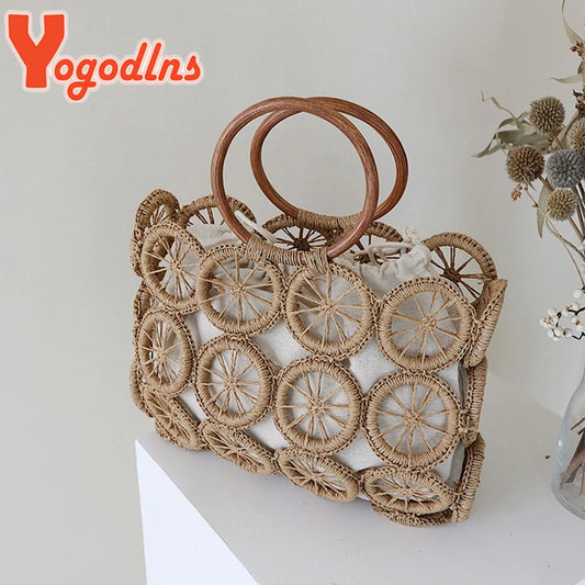 Yogodlns Summer Hollow Out Straw Bag Women Handmade Weave Handle Bag Beach Ladge Capacity Handbag Casual Rattan Lady Beach Bag - Hiron Store