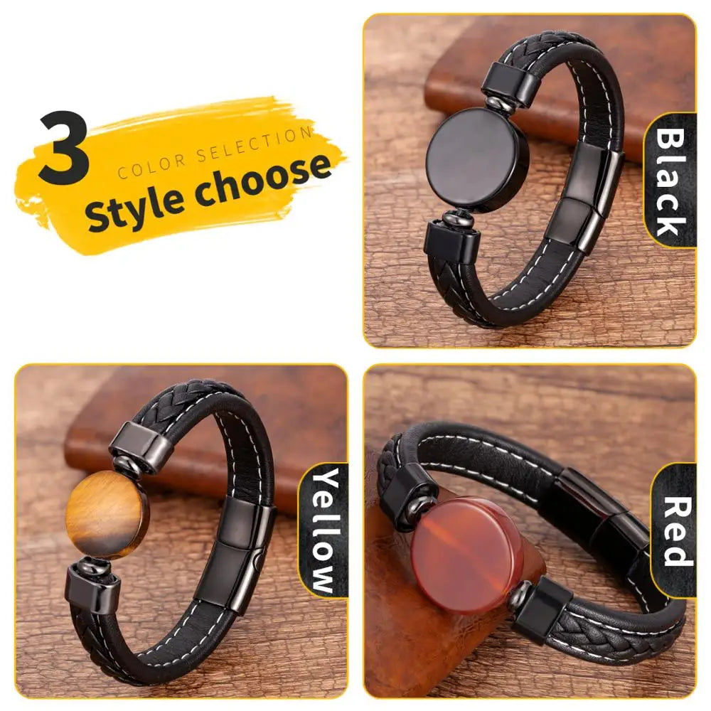 Charm Stone Bracelets Classic Black Weave Leather Rope Chain Natural Round Stone Bangles & Bracelet 2020 Fashion Men's Jewelry - Hiron Store