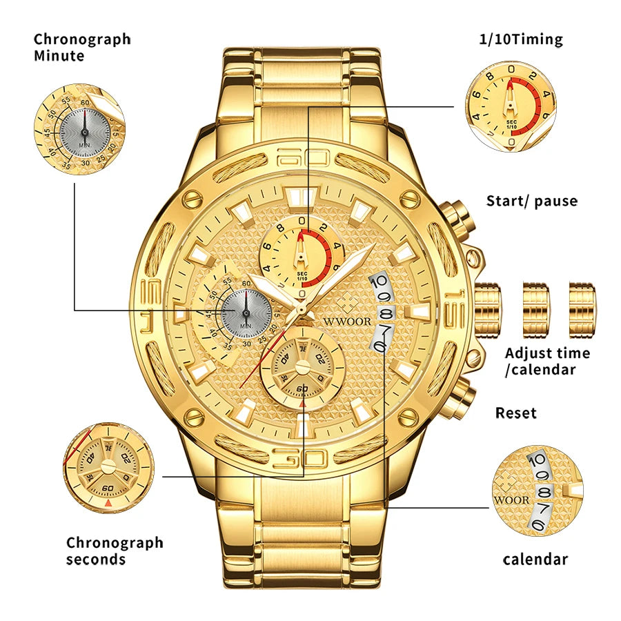 WWOOR Mens Watches Luxury Gold Stainless Steel Quartz Watch Men Waterproof