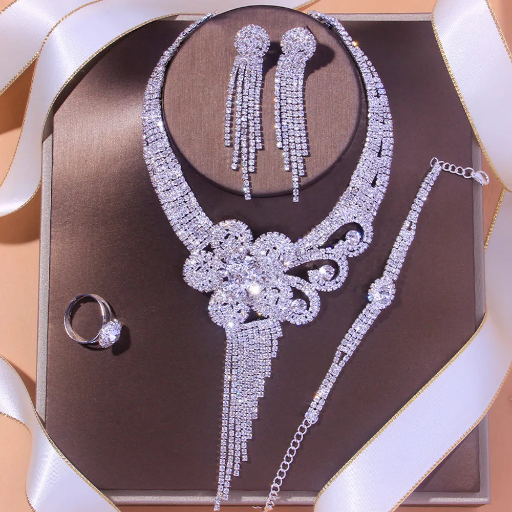 Luxury Tassel Chain Rhinestone Flowers Necklace Sets Crystal African Jewellery Set