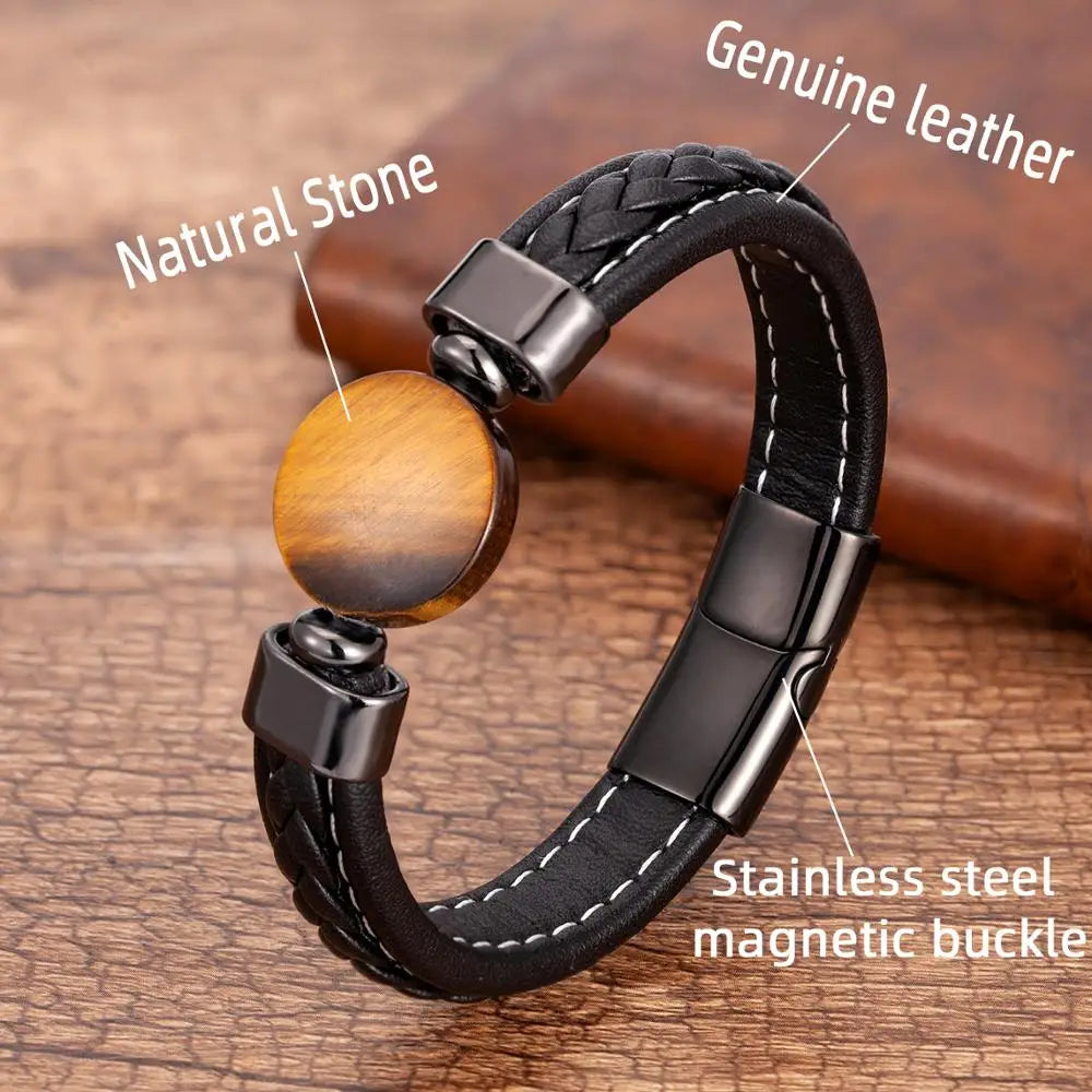 Charm Stone Bracelets Classic Black Weave Leather Rope Chain Natural Round Stone Bangles & Bracelet 2020 Fashion Men's Jewelry - Hiron Store